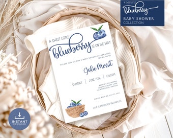 Blueberry Baby Shower Invitation Template, Gender Neutral Baby Shower, Berry Sweet Invite, Blueberry Shower, Editable Templates