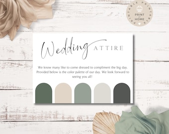 Cartão de paleta de cores para traje de casamento, editável para impressão, cartão de código de vestimenta para convidados, cartão de clima de casamento, o que vestir no casamento, código de vestimenta de casamento