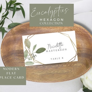 Tarjeta de lugar de boda plana Canva, plantilla de tarjeta de lugar hexagonal EUCALYPTUS / Plantilla editable / Tarjetas de lugar plegadas imprimibles / Tarjetas de nombre de mesa