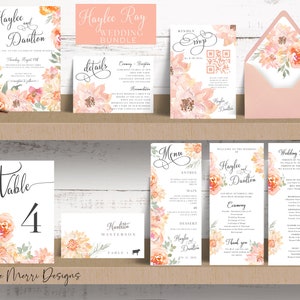 Invito a nozze Dahlia, modificabile e stampabile in Canva, Menu, Numero tavolo, Codice QR RSVP, Segnaposto, Programma, Floreale arancione e rosa, Haylee