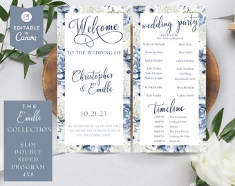 Double Sided Wedding Program Template, Canva Instant Download, Printable Program, Order Ceremony, Dusty Light Blue Floral,  Emille Blue