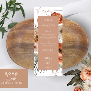 Boho Wedding Menu Template Canva, Minimalist Menu Template, Editable, Printable, Instant Download, Editable, RUSTIC BOHO Floral, Leah Boho