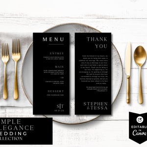 Formales Menü Dankeschön Vorlage, moderne Hochzeit, Danke, druckbares Menü, Gedeck Danke, bearbeitbarer Download, schwarz und weiß