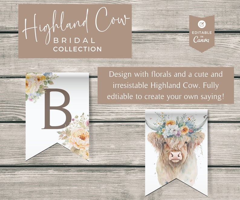 Highland Cow möhippa-banderoll: Redigerbar vimplar (digital nedladdning) bild 2