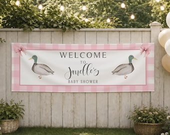 Girl Mallard Duck Baby Shower Banner Template, PINK Baby Shower, 2x6 Banner, Country Baby Shower Banner, Editable Printable in Canva