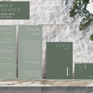 Paquete de boda verde salvia, AJUSTE DE MESA DE BODAS, Menú, Nota de agradecimiento, Tarjeta de lugar, Número de mesa, Configuración de lugar, Plantilla editable, Vegetación