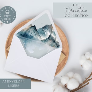 Umschlag Liner Hochzeit, rustikale MOUNTAIN Outdoor Hochzeit, A7 und A7 Euroflap Liner, druckbar und editierbar, Canva download, MOODY MOUNTAIN