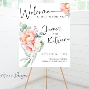 FLORAL Wedding WELCOME Sign Canva, Sage Green and Pink Wedding Sign, Script Wedding Welcome Sign, Modern Wedding Signs, KATRIANA