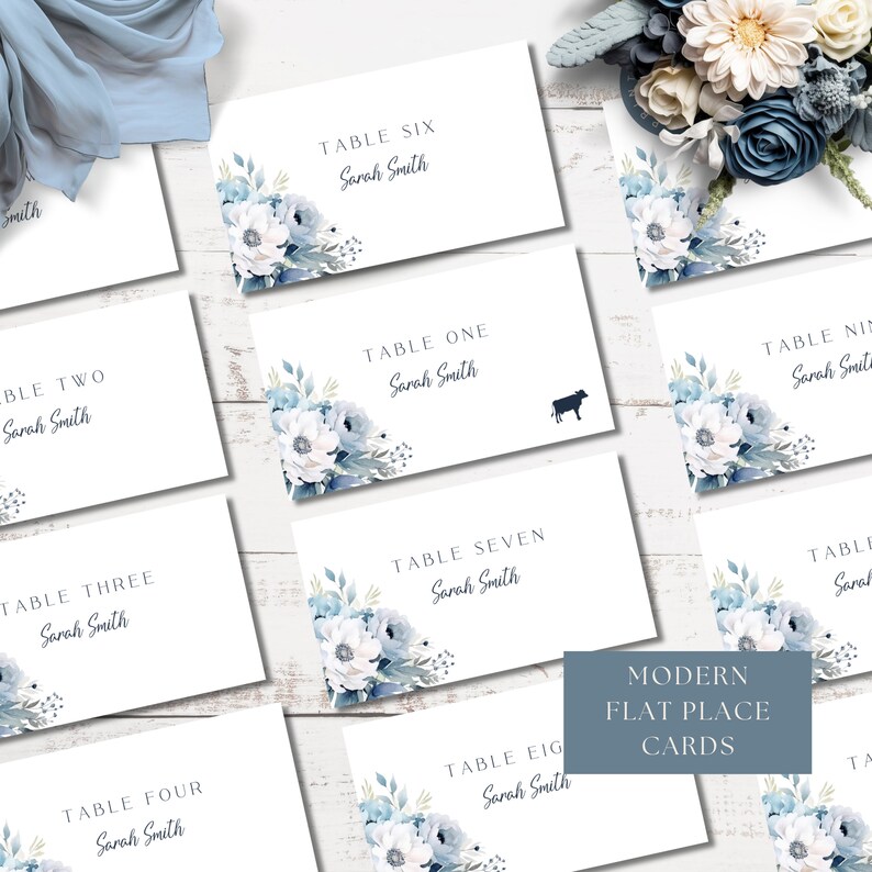 May include: Ten white place cards with blue watercolor floral designs. Each card has a table number and the text "Sarah Smith". The cards are arranged in two rows of five. The text "MODERN FLAT PLACE CARDS" is in the center of the image.