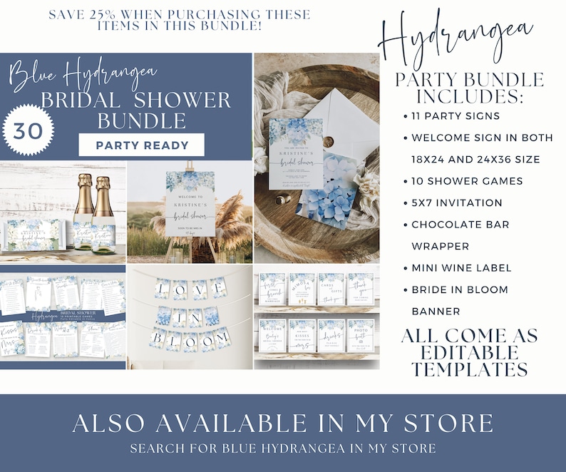 Hydrangea Bridal Shower Games, Dusty Blue Floral Shower, Wedding Shower Games Bundle, Would She Rather, PRINTABLE Games, EDITABLE in Canva image 9