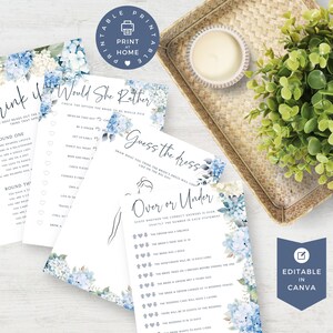 Hydrangea Bridal Shower Games, Dusty Blue Floral Shower, Wedding Shower Games Bundle, Would She Rather, PRINTABLE Games, EDITABLE in Canva image 4