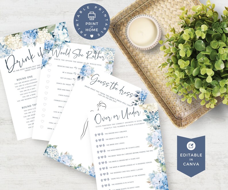 Hydrangea Bridal Shower Games, Dusty Blue Floral Shower, Wedding Shower Games Bundle, Would She Rather, PRINTABLE Games, EDITABLE in Canva image 4