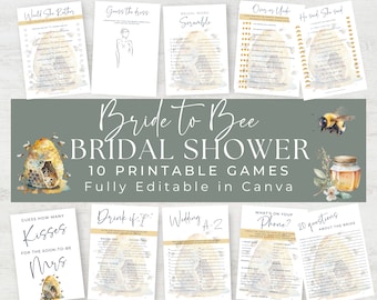 Bee Bridal Shower Games: 10 Printable Games Bundle (Canva Editable)