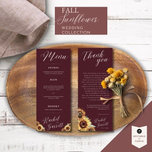 Mariage de tournesol de Bourgogne, Mariage d’automne, Note de remerciement, Menu imprimable, Mise en place Merci, Téléchargement modifiable, Décor de mariage d’automne