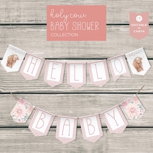 Highland Cow Baby Shower Banner Template, Boho Baby Shower Bunting, Country Baby Shower Banner, Editable Printable in Canva, Holy Cow Baby