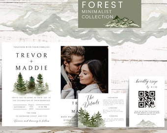 Könnte beinhalten: Hochzeitseinladungssuite mit Waldthema. Die Einladung zeigt eine Aquarell-Illustration von Kiefern und den Text "Trevor + Maddie". Die Detailkarte zeigt eine Aquarell-Illustration von Kiefern und den Text "The Details". Die RSVP-Karte zeigt einen QR-Code und den Text "Kindly RSVP by 8.1.23".