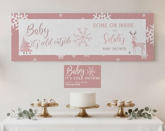 Baby It's Cold Outside Baby Shower Banner Template, Winter Wonderland, Winter Pink Baby Shower, 2x6 Banner, Editable Printable in Canva