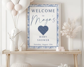 Blue Toile Baby Shower Welcome Sign: Chinoiserie Floral (Digital Download)