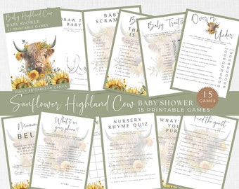 Zonnebloem Highland Cow-babyshowergames: afdrukbare bundel (bewerkbaar op canvas)