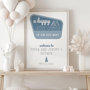 Happy Camper Baby Shower Sign, Welcome Baby Shower, Adventure Awaits Shower, Outdoor Shower, Editable, Baby Boy, Baby Shower Decor, Blue