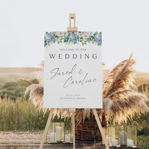 Blue Hydrangea Wedding Sign, Welcome to our Wedding, Wedding Welcome sign downloadable, CANVA, Script Sign, Light Blue, Hydrangea Bliss