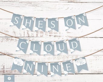 On Cloud Nine Bridal Shower Banner, Cloud 9 Bunting, She's On Cloud Nine , Editable Printable Template in Canva,, Cloud Bridal Shower