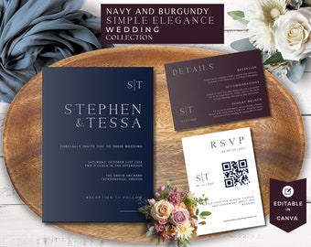 Navy Burgundy Wedding Invitation: Monogram Photo Invite (Canva Template)