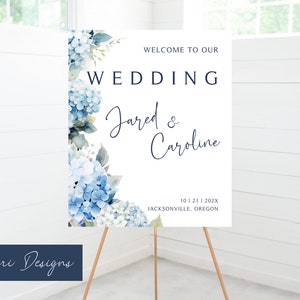 Blue Hydrangea Wedding Sign, Welcome to our Wedding, Wedding Welcome sign downloadable, CANVA, Script Sign, Light Blue, Hydrangea Clouds