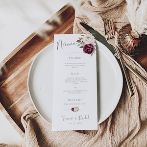 Burgundy Floral Wedding Menu, Minimalist Menu Template, Editable, Printable, Instant Download, Editable in Canva, Blush, Rachel Romance