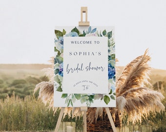 Hydrangea Bridal Shower Welcome Sign: Blue Floral Design (Digital Download)