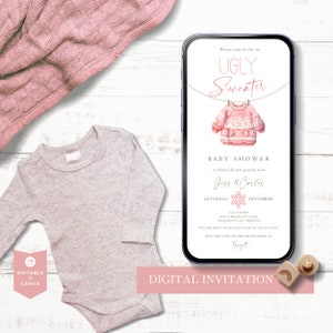 May include: Digital invitation for a baby shower with a pink and white watercolor ugly sweater design. The invitation says "Please join us for an Ugly Sweater Baby Shower to honor the new parents to be Jess & Carlos. Saturday, December 18th at 2:30 PM. 1445 Cableknit Lane, Jacksonville, Oregon. Please RSVP to Kat by 12.00 at 355.131.2323. Jess and Carlos are registered at Target."