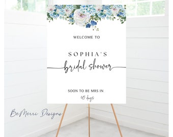 Blue Hydrangea Bridal Shower Welcome Sign, Floral Wedding (Digital Download)
