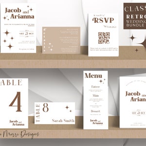 Pacchetto matrimonio retrò, matrimonio moderno, modificabile in Canva, invito stampabile, menu, numero tavolo, codice QR RSVP, segnaposto, programma piegato