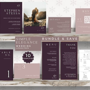 May include: A set of 10 printable wedding templates in a simple and elegant style with a burgundy and blush color scheme. The templates include an invitation, RSVP card, details card, menu, thank you card, table number cards, and a wedding timeline. The text on the invitation reads "Stephen & Tessa".