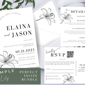 Pacchetto invito matrimonio minimalista, modello di cancelleria stampabile, RSVP QR e dettagli, fodere per buste, modello Canva, Simple Lily