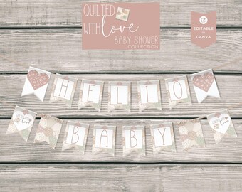 Quilted with Love Baby Shower Banner, Editable Canva Template, Homestead Decor