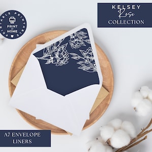 Umschlag Liner Hochzeit, Marineblau Blumen Hochzeit, A7 und A7 Euroflap Liner, druckbar und bearbeitbar, Canva download, Kelsey Rose