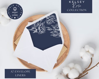Navy Floral Wedding Envelope Liners: A7 Euroflap, Kelsey Rose (Canva Download)