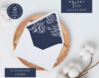 Envelope Liners Wedding, Navy Blue Floral Wedding, A7 and A7 Euroflap Liners, Printable and editable, Canva download, Kelsey Rose