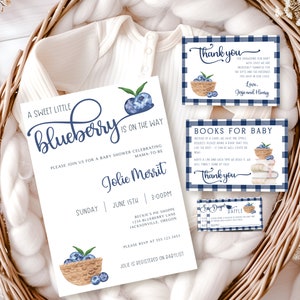 Blueberry Baby Shower Invitation Bundle, Berry Sweet Baby Shower Invite with Books for Baby and Diaper Raffle, Blue Gingham Shower, Boy Baby
