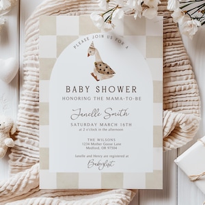 Gingham Goose Baby Shower Invitation, Silly Goose, Gender Neutral Baby Shower, Beige Gingham, Boy Baby Shower, Editable Canva Template