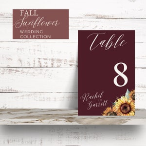 Mariage de tournesol de Bourgogne, numéros de table de MARIAGE d’automne, signalisation de mariage, imprimable modifiable, modèle de numéro de table, mariage rustique d’automne