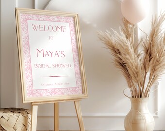 Pink Toile Bridal Shower Welcome Sign: Chinoiserie Floral Design (Digital Download)