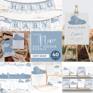 Cloud Nine Baby Shower Bundle, We&#39;re on Cloud 9, Shower Games, Printable Signs, Invitation, Diaper Raffle, Welcome Sign, Editable in Canva