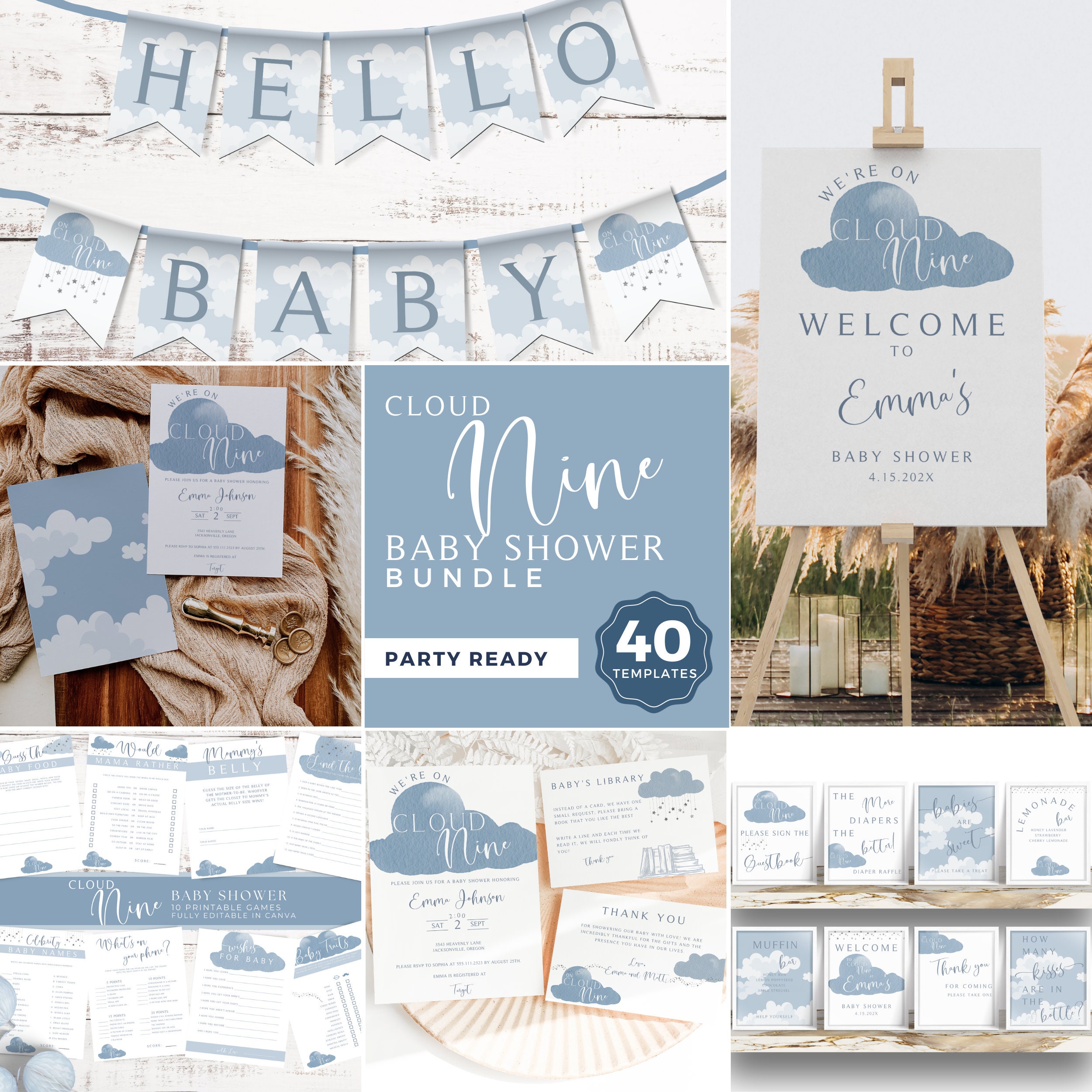 Cloud Nine Baby Shower Bundle, We're on Cloud 9, Shower Games, Printable Signs, Invitation, Diaper Raffle, Welcome Sign, Editable in Canva