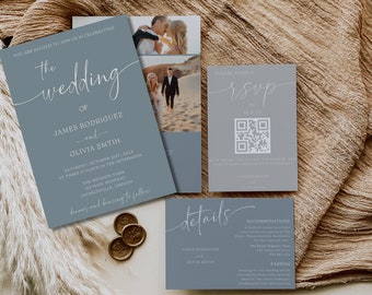 Dusty Blue Wedding Invitation BUNDLE | Instant Download | Editable in Canva | Modern Wedding Invitation Suite | QR Rsvp | PHOTO Invite