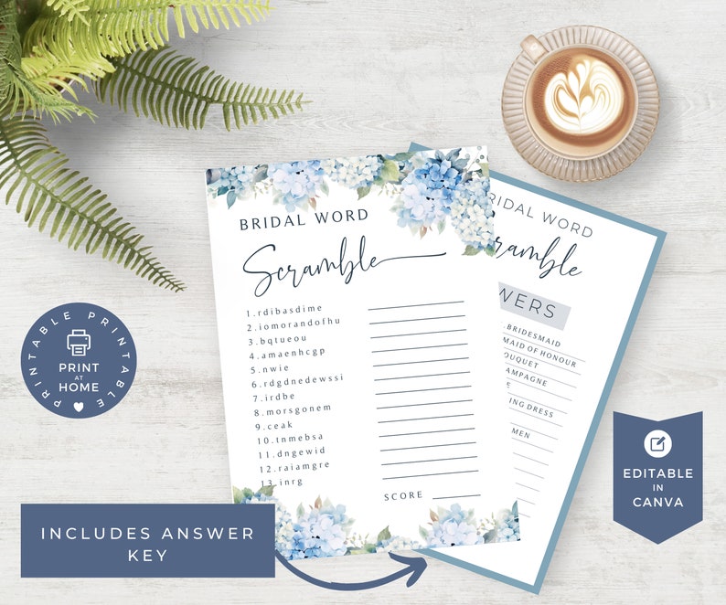 Hydrangea Bridal Shower Games, Dusty Blue Floral Shower, Wedding Shower Games Bundle, Would She Rather, PRINTABLE Games, EDITABLE in Canva image 7