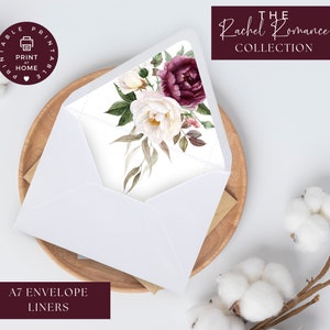 May include: A7 envelope liner with a watercolor floral design featuring burgundy and white flowers. The liner is printed on white paper and has a printable border. The text "The Rachel Romance Collection" is printed in burgundy at the top of the liner.