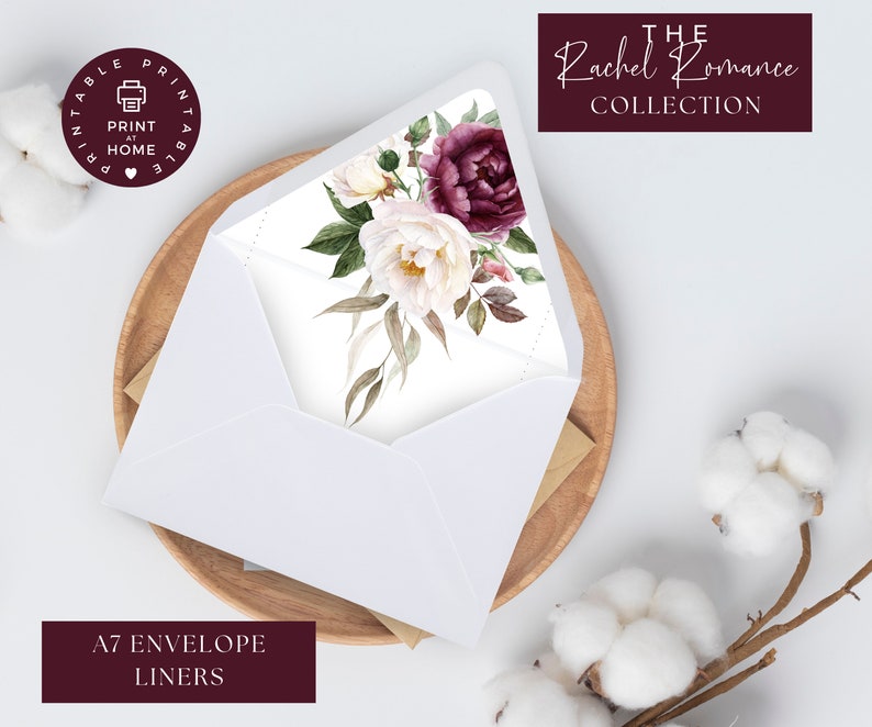 May include: A7 envelope liner with a watercolor floral design featuring burgundy and white flowers. The liner is printed on white paper and has a printable border. The text "The Rachel Romance Collection" is printed in burgundy at the top of the liner.