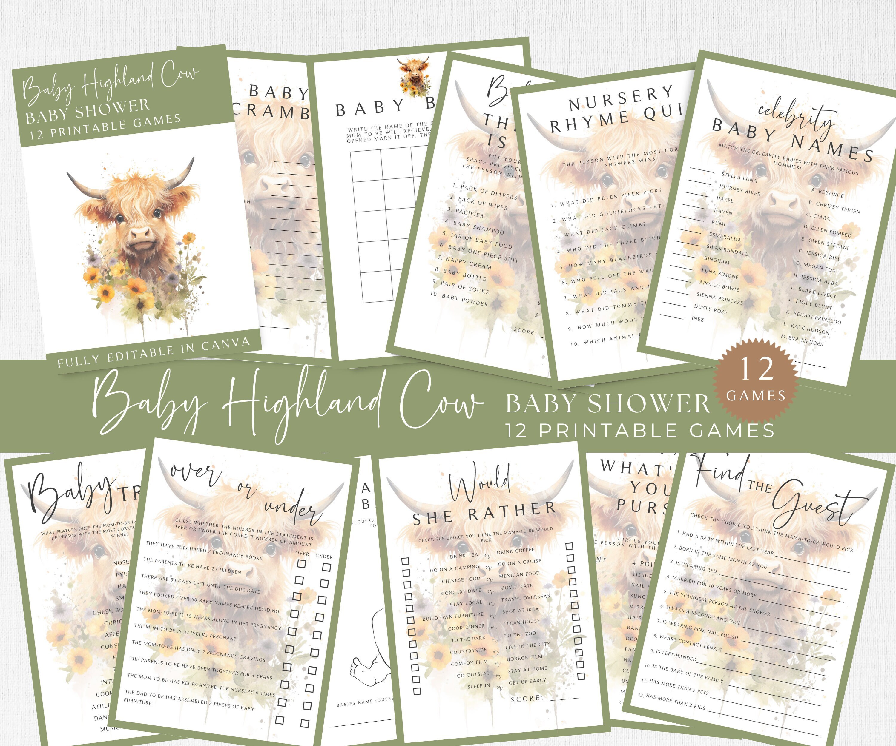 HIGHLAND COW Gioco Baby Shower / Pacchetto giochi divertenti Baby Shower / Holy Cow Shower / Baby Bingo / Giochi stampabili / Canva / Modificabile